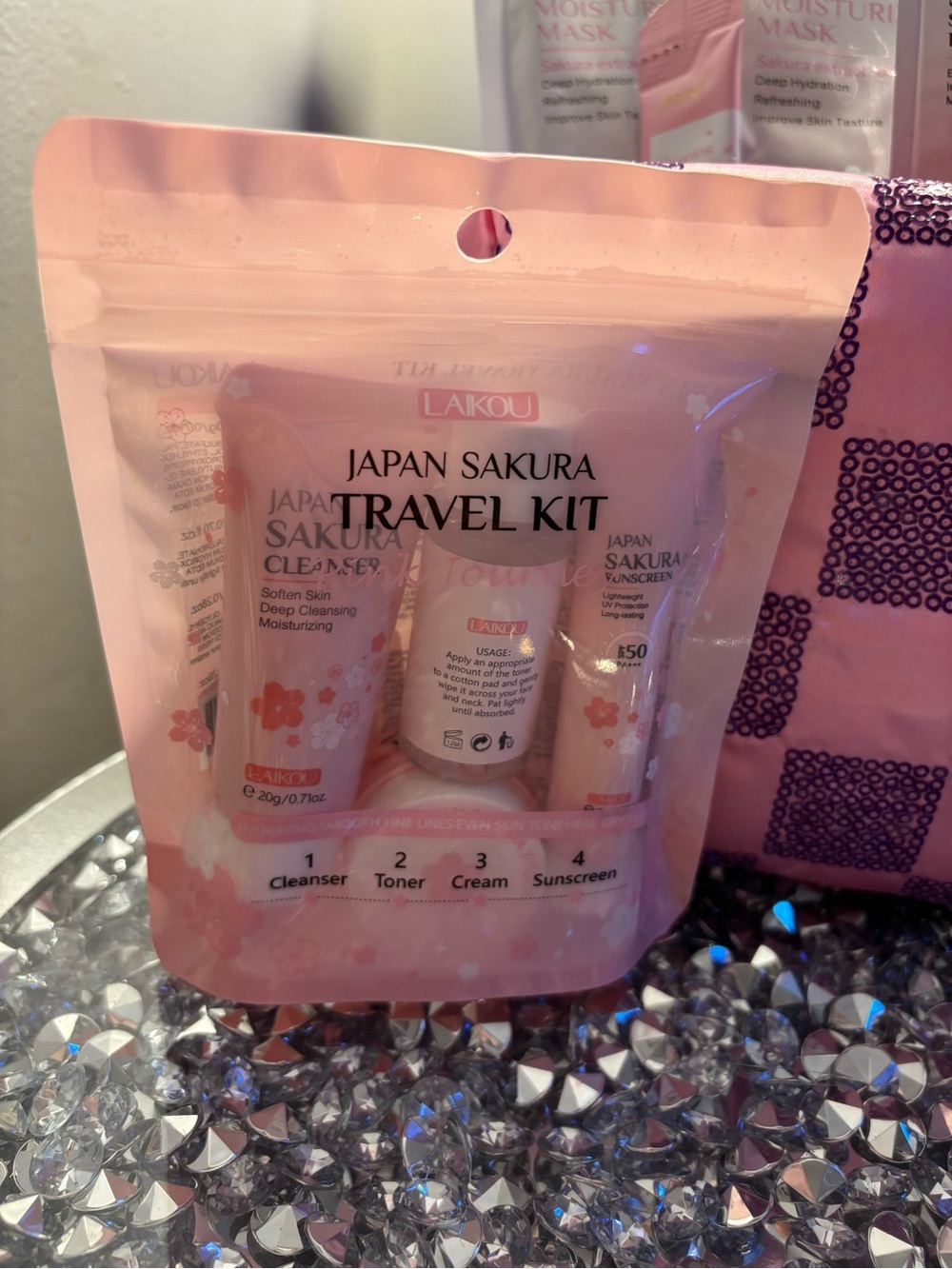 Japan Sakura Pink Travel Kit & Pink Checkered Cosmetic Bag NWT - Picture 3 of 6
